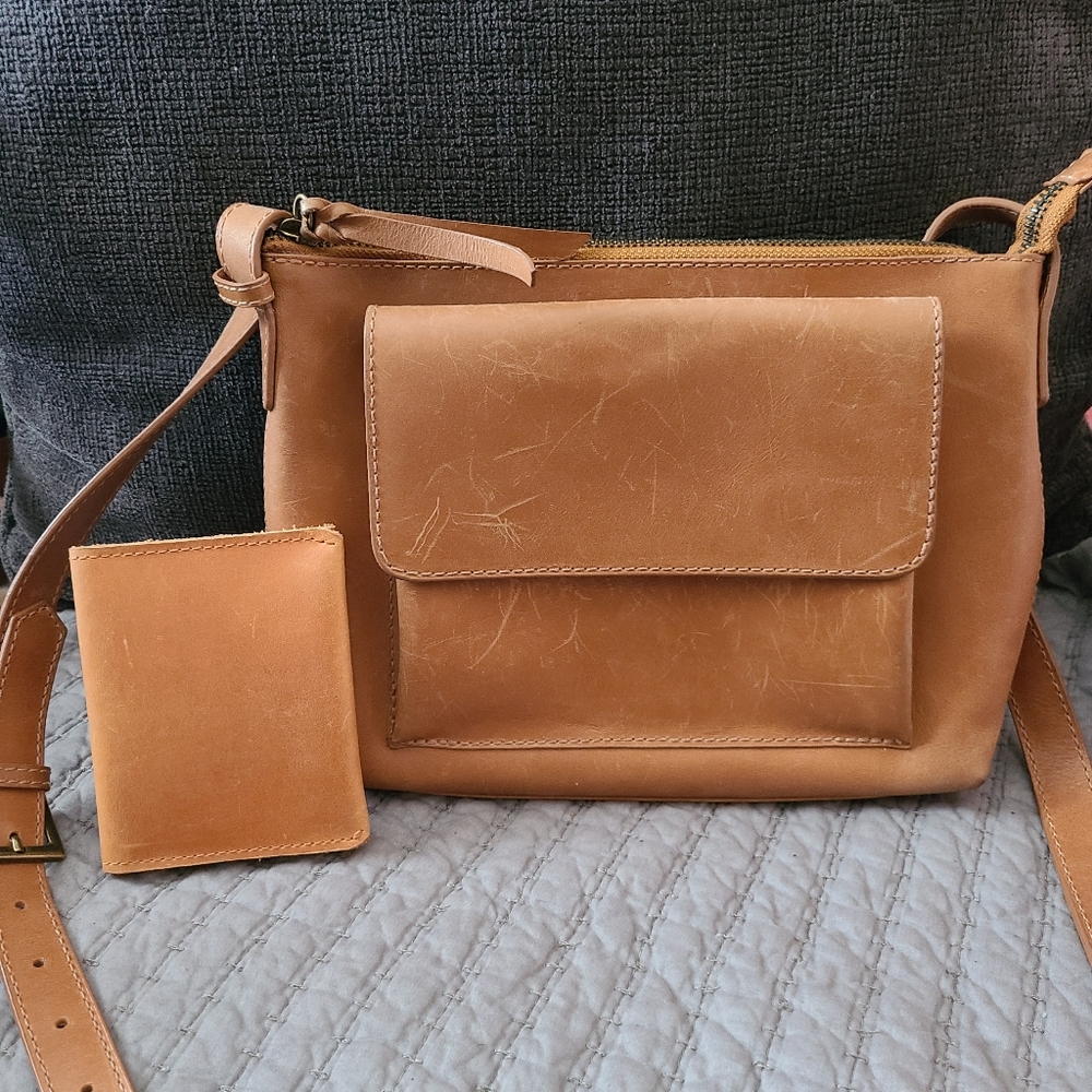 ABLE leather Olivia Crossbody and Debra Mini Wallet in Cognac color (tan brown)